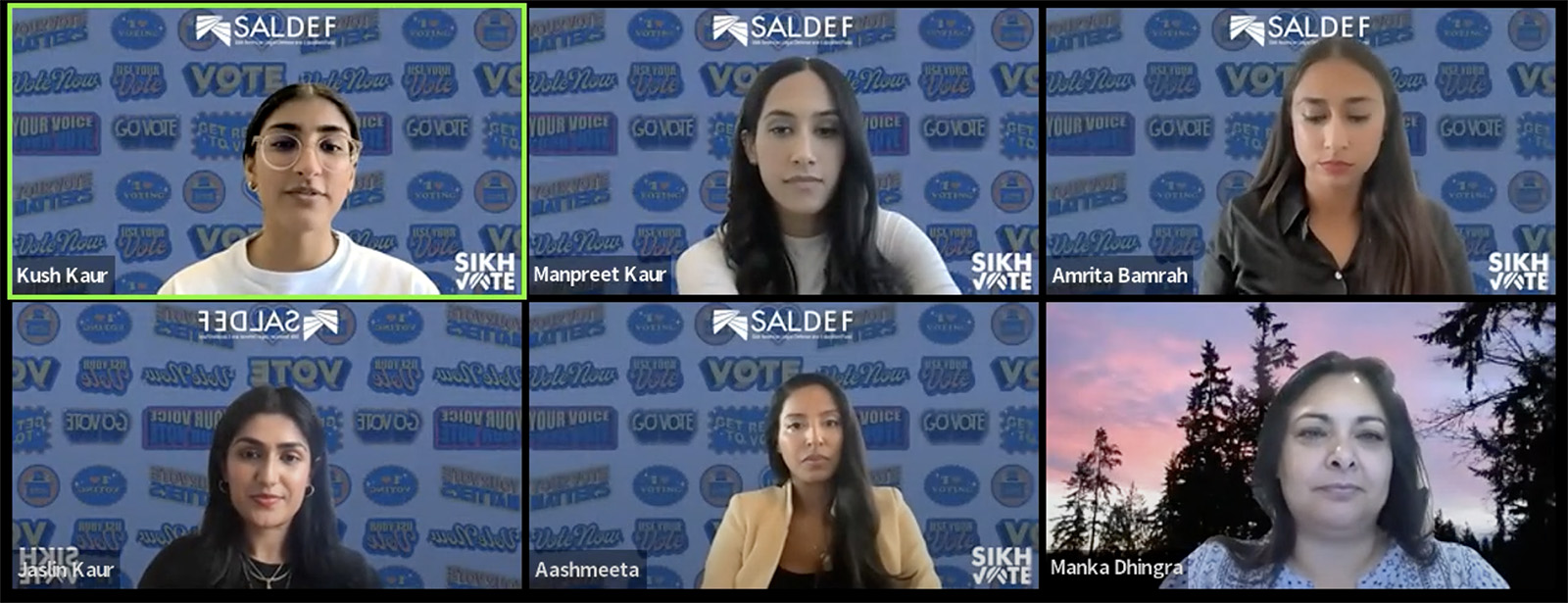 Kush Kaur, top left, speaks during the SALDEF “Kaur Power Hour” virtual event. (Video screen grab)